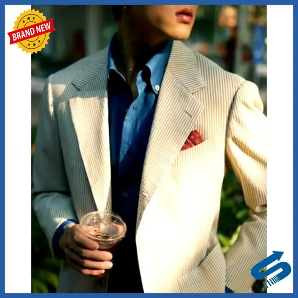 Men's Seersucker Sport Coat Blazer Summer Wedding Business Casual